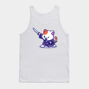 Cute Cat Samurai With Sword Cartoon Tank Top